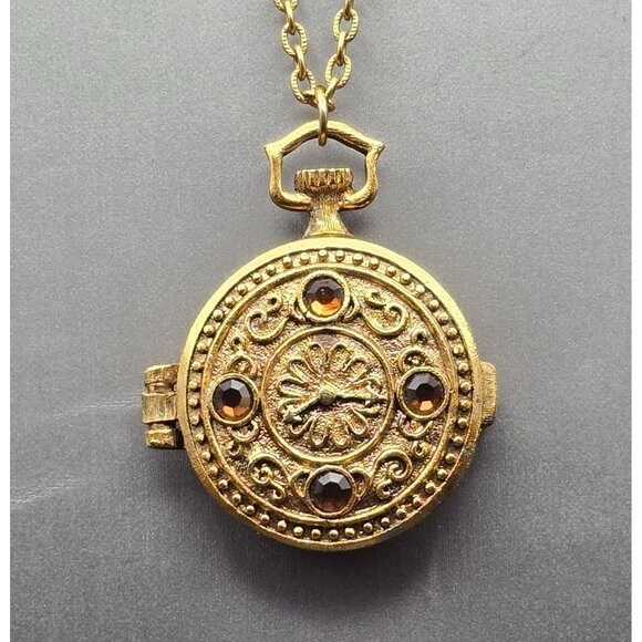 VTG Mary Chess Perfume Locket Necklace 23" Gold Tone Ornate Rhinestones 1960s - Picture 1 of 12
